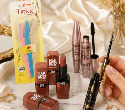 پک آرایشی 4 تیکه شامل ریمل گابرینی+رژ بدون سرب با رنگ انتخابی شما+خط چشم ضد اب+تیغ ابرو
